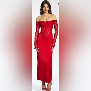 Elegant Red Lace Satin Corset Maxi Dress